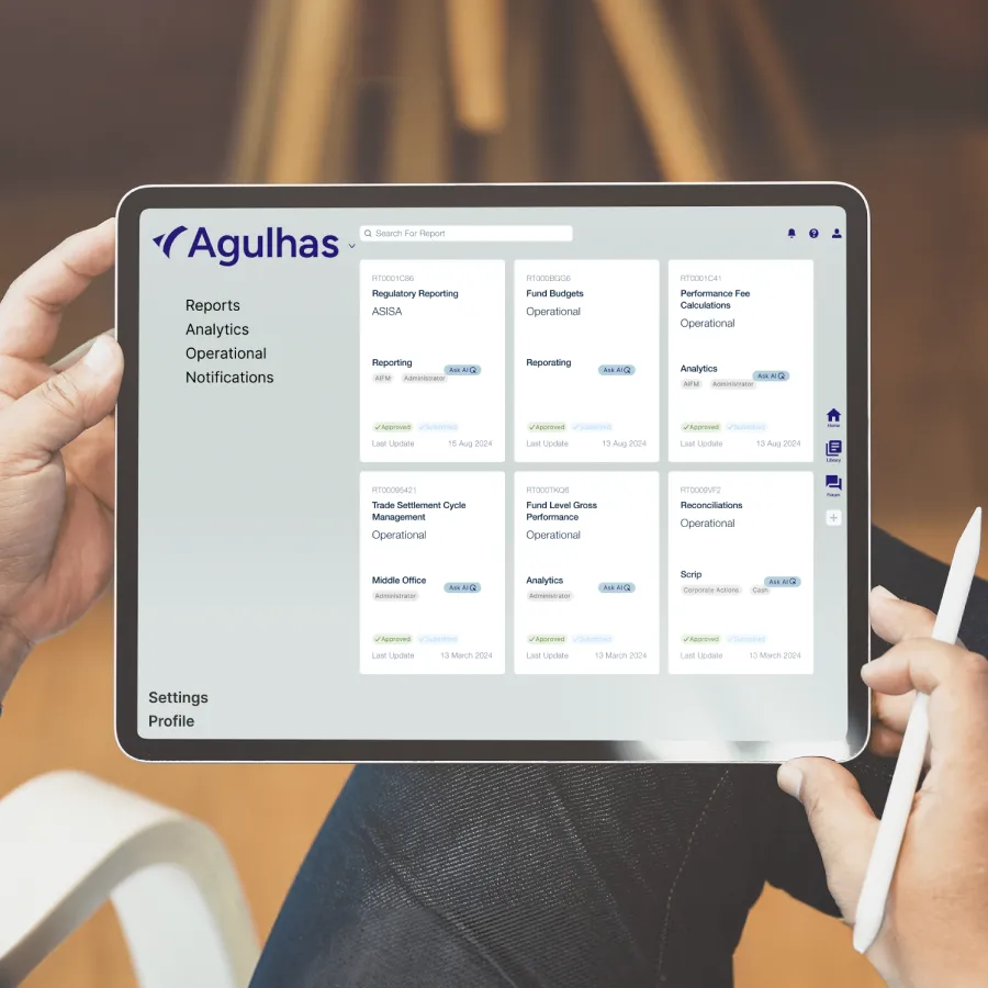 An Ipad with a user going through their Agulhas Dashboard